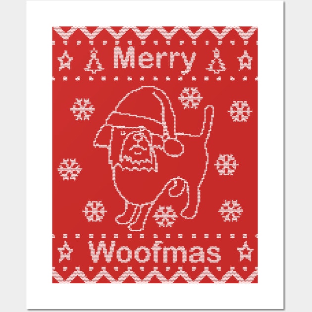 Cute Dog says Merry Woofmas on Ugly Christmas Sweaters Wall Art by ellenhenryart